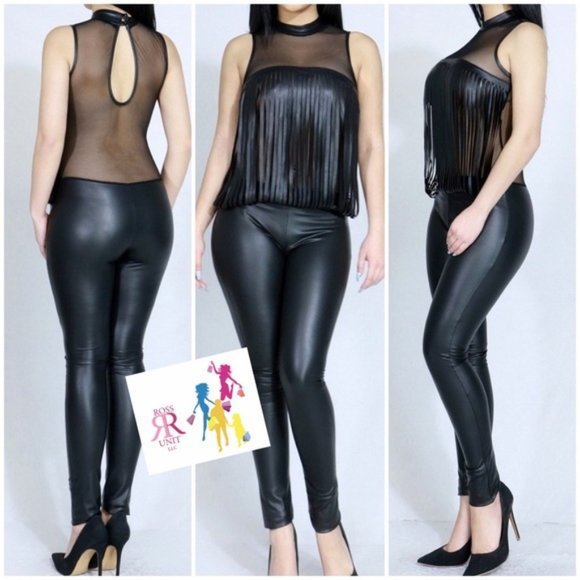 boss unit Pants - Sexy  Jumpsuit Leather Mesh Fringed slit Back NEW